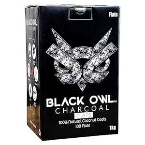 Black Owl Natural Coconut Shell Charcoal Cubes Perfect for Cooking, Grilling, and Barbecuing, Authentic Chemical Free Non-Quick-Light Charcoal, 108 Flat Coals (1Kg)