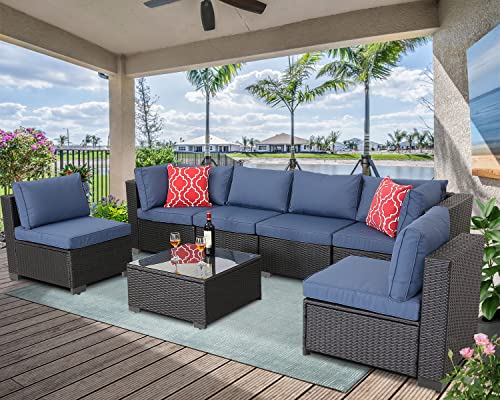 Bptd 7 Piece Patio Furniture Sets Outdoor Sectional Sofa Rattan Patio Conversation Set Pe Rattan Wicker Outside Couch With Table And Cushions For Porch Lawn Garden Backyard (Expresso-Dark Blue) #TOP5