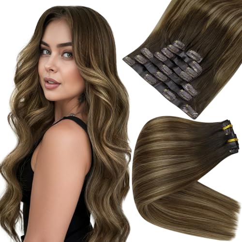 Image of Full Shine Seamless Clip in Hair Extensions, Dark Brown to Caramel Balayage | Remy Human Hair, 14 Inch 120g 8 Pcs, Invisible PU Weft, Thick Ends, Short-Length Volume, Full-Head Styling, Daily Wear