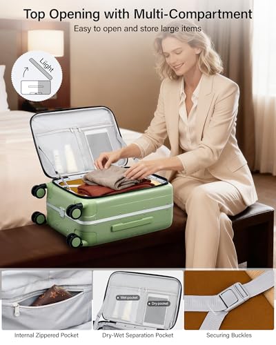 Image of Hanke 55cm Front Opening Cabin Luggage Trolley Bag, Strong Aluminum Frame, Durable Polycarbonate Hard Shell, Silent Wheels & Combination Lock, Lightweight Carry On Suitcase for Travel.(Bamboo Green)