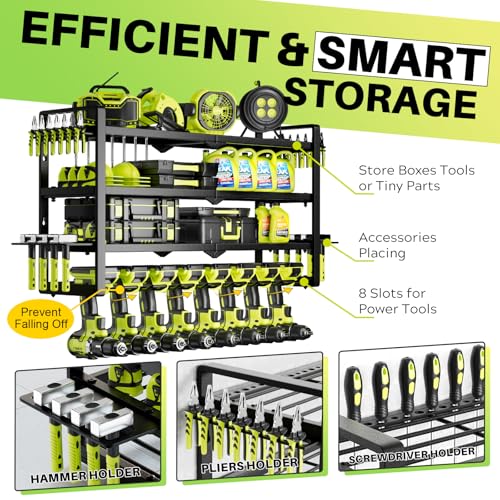 Image of Large Power Tool Organizer Wall Mount, Garage Storage Cordless Tool Organizer with Screwdriver Holder, Heavy Duty Metal Storage Rack with 8 Drill Holder 4 Layer, Gifts for Men Who Have Everything