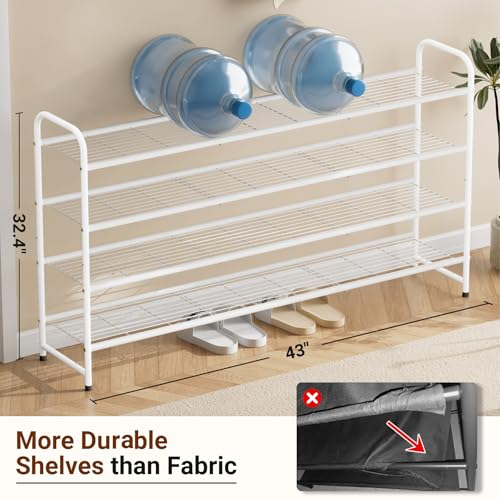 Image of KEETDY 4-Tier Long Shoe Rack for Closet Floor, Wide Shoe Organizer Storage, Stackable Shoe Rack for Entryway Metal Shoe Shelf for 30 Pairs Men Sneakers with Wire Grid for Bedroom, White