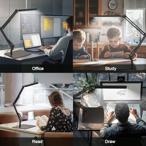 Image of TROPICALTREE LED Desk Lamp for Home Office and Round Base, Clamp-On with 5 Light Modes & Auto Shut Off | 14W Adjustable Brightness 5000K Eye-Caring Lighting for Study /Bedroom /Computer Desk