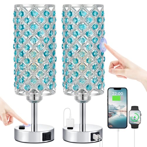 Image of Hong-in Blue Crystal Lamp Touch Control Set of 2, Crystal Table Lamps with USB C+A Ports & AC Outlet, 3-Way Dimmable Nightstand Touch Lamp, Modern Bedside Table Lamp for Bedroom(Bulbs Included)