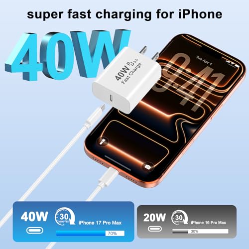 Image of iPhone 17 Pro Max Charger Fast Charging,[Apple MFi Certified] 2 Pack 40W USB C Fast Charger Block with 10FT Type C Charging Cable Cord for iPhone 17 /17 Pro /17 Pro Max /Air /16 /16 Pro /16 Plus /15