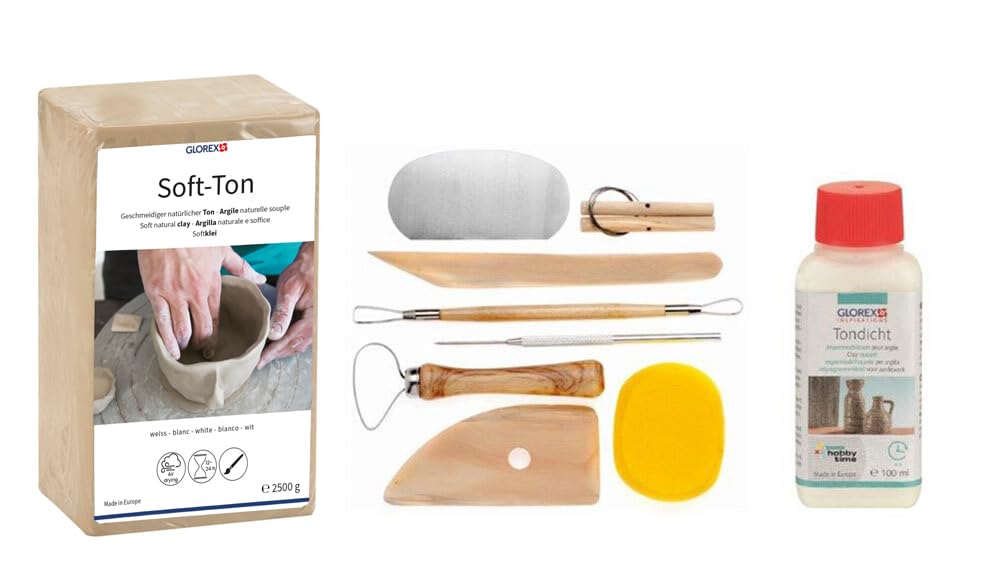 GLOREX 6 8075 299K Set for Creatives: Soft Clay 2500 g in White, Air-Hardening or Flammable, 100 ml Clay Sealing and an 8-Piece Set with Durable Modelling Tool