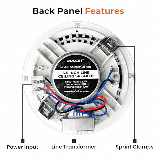 Image of DULCET DC-CS6F-LN Pro White 6.5 inch 20W 2 Way 8 Ohms Ceiling Speaker with Dedicated 100V Constant Supply Input & Line Matching Transformer for PA Amplifier