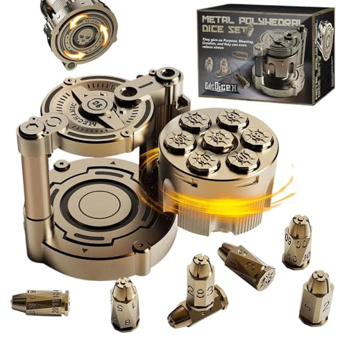Metal Polyhedral Bullet Dice Se,Juego De 7 Dados De Bal-a con Revólver Giratorio,Juego De Dados De Metal con Contenedor,Cilíndrico De Revólver Giratorio: Dados De Estilo Ciberpunk para warh-ammer 40k