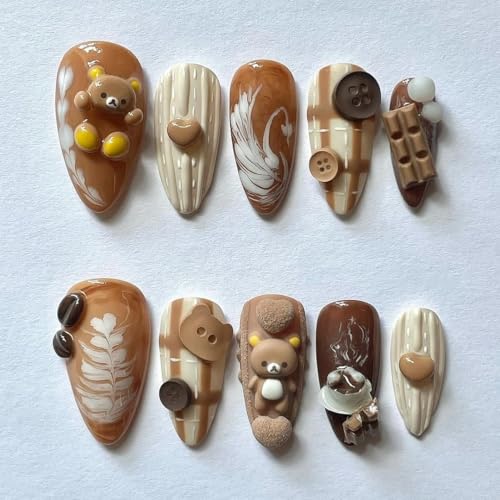Handmade Press On Nails with Coffee Theme Bear Accents Chocolate and Latte Art Details