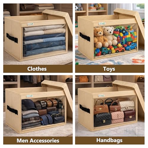 Image of JD Fresh Foldable Cloth Cover Storage Box With Lid /Wardrobe Clothes Organizer /Storage Basket /Space Saving Storage /Collapsible Clothes Organizer /Cupboard Storage Box for Shirts, Pants- Beige Pack of 10