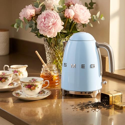 Image of SMEG KLF03 Electric Kettle 1.7L (7 Cup), Retro Hot Water Boiler for Tea & Coffee, Fast Boiling, Auto Shut-Off, Soft Open Lid, 360 Swivel Base Countertop Kettle - Pastel Blue