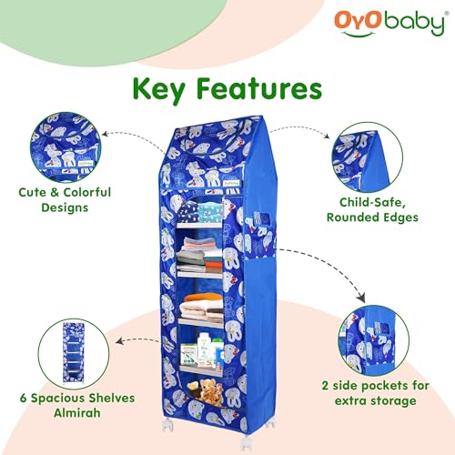 Image of OYO BABY Kids Wardrobe for Storage 6 Shelves | Heavy Duty Plastic Almirah for Baby Clothes, Toys & Books Rack | Compact Storage Organizer for Nursery /Bedroom [Cartoon Printed - Blue]