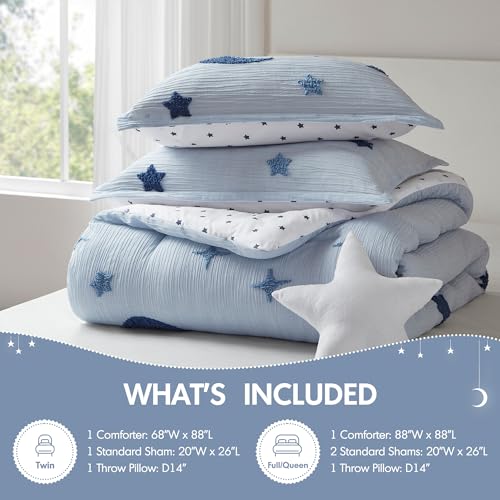 Image of Intelligent Design Kids Blue Star Moon Twin Comforter Set, 3pc | Children Bedding, Back to School for Girls, Tufted Chenille, Reversible, Lightweight, Machine Washable, Easy Care, All-Season