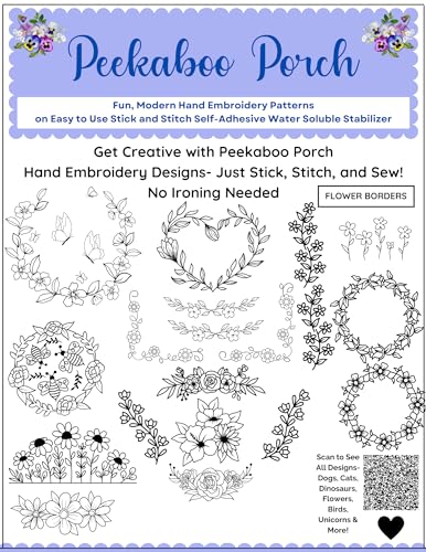 Flower Borders and Floral Wreaths Hand Embroidery Pattern Transfers 21 Pieces on Stick and Stitch Water Soluble Sewing Stabilizer Paper for Beginners and Adults Hand Sewing