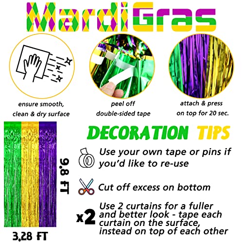 Image of 4 Pack 3.2Ft x 9.8Ft Mardi Gras Fringe Curtain Backdrop, Gold Green Purple Metallic Tinsel Foil Fringe Streamers Curtains Background for Photo Booth Birthday Wedding Carnival Party Decorations