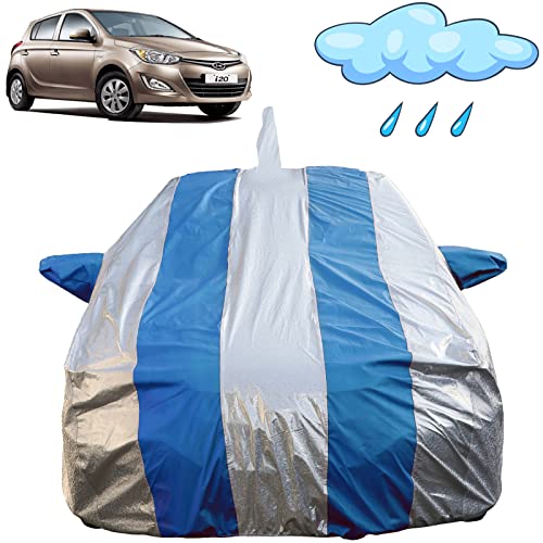Image of Autofact Waterproof Car Body Cover Compatible with Hyundai I20 Old Model (2008 to 2014) with Mirror and Antenna Pockets (Blue Stripes with Shinning Silver Fabric /Waterproof Cover)