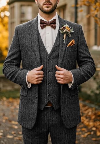 Men's Retro Tweed 3 Piece Suits Slim Fit Herringbone Wedding Set Blazer Jacket Vest Pants for Men2