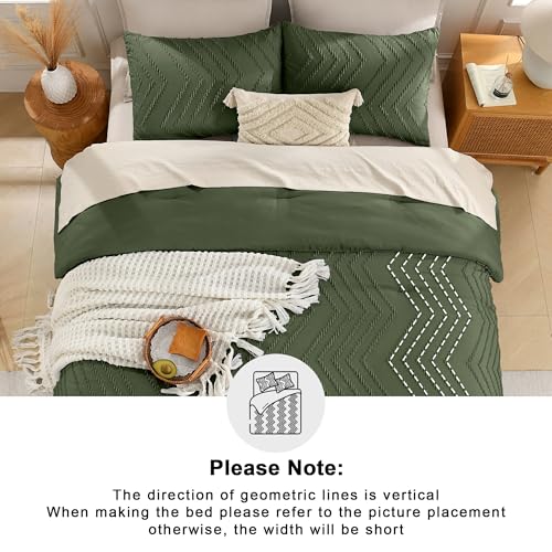 Image of Andency Olive Green Comforter Set Queen Size, Boho Soft Fluffy Warm Lightweight Bedding Comforter Sets for Queen Bed, 3 Pieces Chevron Tufted Aesthetic Microfiber Lightweight Comforter Set