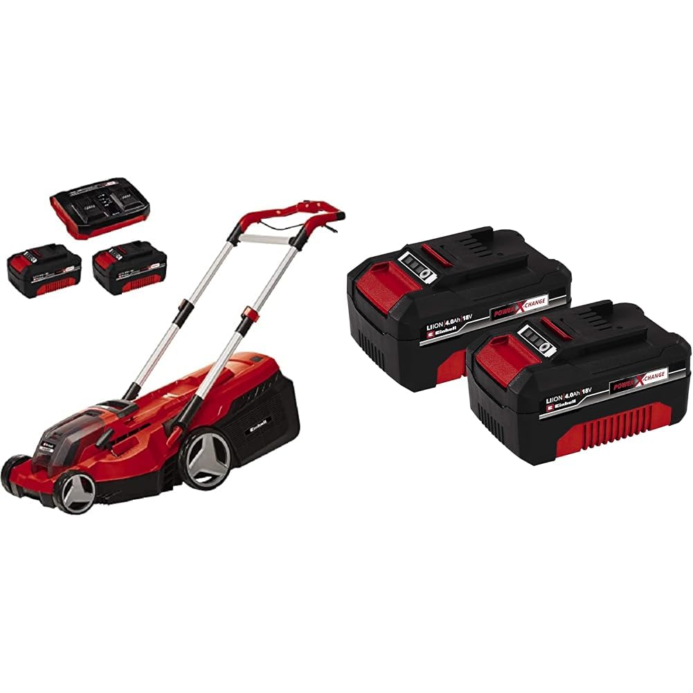 Einhell Rasarro 36/38 Kit Power X-Change Kosiarka, Czerwony/Czarny, 45 l & Einhell Pxc-Twinpack Akumulator, Czerwony/Czarny, 2 Sztuki
