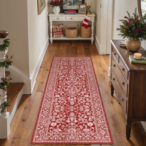 Christmas Runner Rug 2x6 Red Washable Hallway Carpet Retro Floral Holiday Decorative Non Slip Low Pile Soft Throw Long Xmas Rug for Kitchen Bedroom Bathroom