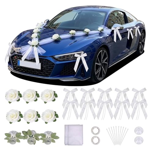 Kit décoration voiture mariage avec 9 roses artificielles à ventouse, 10 nœuds blancs, 2 rubans en tulle de 160 cm, 12 rubans d’attache et 2 rouleaux...