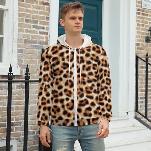Furry Abstract Leopard Skin Men's Zip Up Hoodie Casual Drawstring Hooded Sweatshirt with Kanga Pocket3
