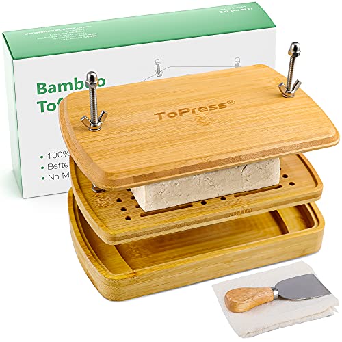 Tofu Press Bamboo, Tofu Presser, Easily Remove Water from Tofu for Better Texture & Flavor, Built in with Water Strainer & Drip Tray, Cheese Cloth & Spatula & Tofu Recipes, BPA Free, E-co Friendly