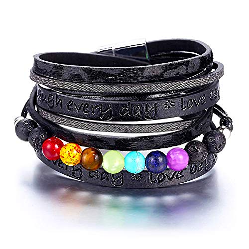 EGOO&YAMEE Layered Leather Silver Chakra Bracelet - Stack Birthstone Beaded Bangle Bracelet - Wrap Bracelets for Women