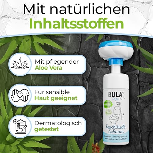 BULA® Popo Home Bundle | Feuchttuch-Schaum 150ml Flasche + Blumen-Schaumpumpe inkl. Edelstahl Halter | Popo Schaum als nachhaltige Alternative für (Baby u. Toiletten-) Feuchttücher | BULA Starterset 5