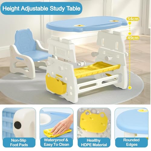 Image of Kids Study Table with Chair Height Adjustable 5 to 10 Years Boys Girls Student Study Desk Chair Combo Children for Home Reading Writing with Table Pen and Book Holder (Blue)