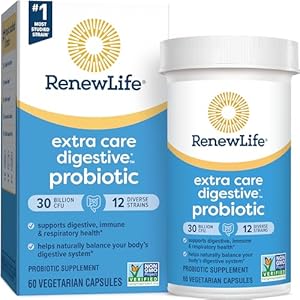 Renew Life Extra Care Probiotic Capsules, Daily Supplement Supports Immune, Digestive and Respiratory Health, L. Rhamnosus GG, Dairy, Soy and gluten-free, 30 Billion CFU, 60 Count