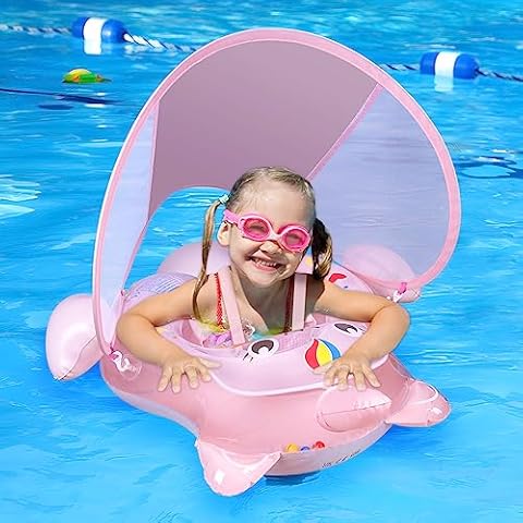 Baby Swimming Float, AivaToba Inflatable Infant Swim Float, Inflatable Baby Pool Float with UPF 50+ Sun-Protective Canopy, Add Tail No Flip, Hand Pump for Toddlers Age 12-36 Months Cover