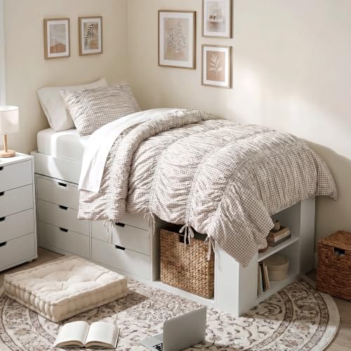Image of Intelligent Design Ruched Shabby Chic Brown Twin XL Comforter Set, 2pc | Girls Dorm Gingham Bedding Set, French Country, All Season Down Alternative, Cozy, Machine Washable, Lightweight, Breathable