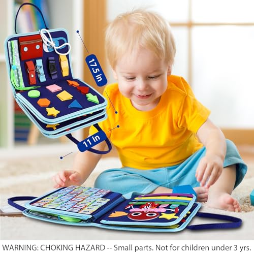 esjay toddler busy board montessori toys for boys sensory board educational activities for learning fine motor skills birthday gifts for boys toddlers travel toys for airplane car blue dinosaur