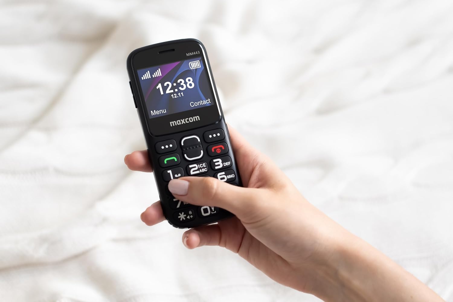 Telefono cellulare per anziani 4G con tasti grandi e pulsante SOS, base di ricarica, Dual SIM, batteria 1700 mAh, display 2,31", volume alto, facile da usare, Maxcom MM443 nero