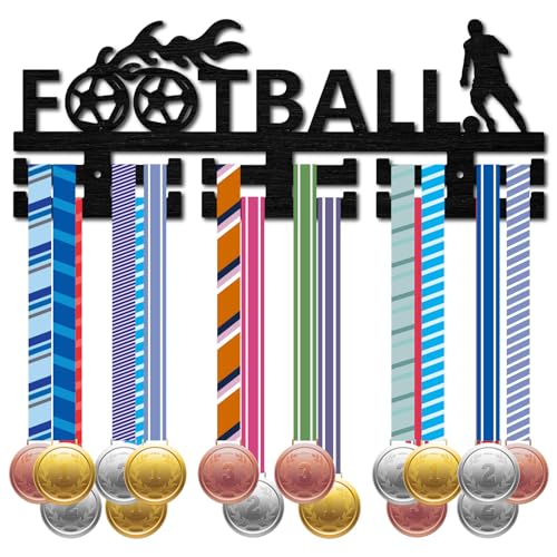 CREATCABIN Football Medal Holder Soccer Medal Hanger Display Sports Competition Awards Ribbons Organizer Black Wood Mount Decor Frame for Wall Hanging 30+ Medals Player Athlete Gifts 15.7x5.9Inch