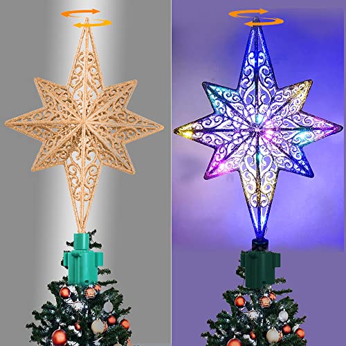Lighted Christmas Tree Topper Bethlehem Star Treetop Animated Rotating Colorful Lights Tree Top Star 8-Point Star Tree Topper Hollow-Out Sparkling Treetop for Xmas Home Tree Decorations,11inch(Gold)