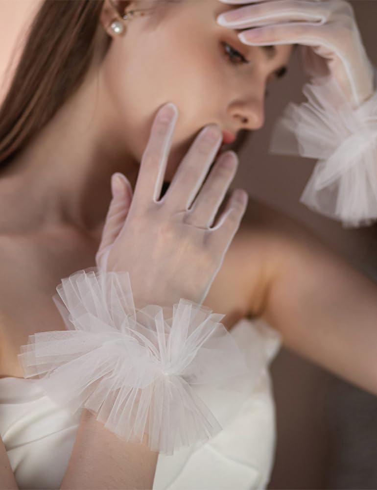 Bridal Short Tulle Sheer Gloves for Women Tea Party Ruffle Mesh Gloves Wedding Opera Glove