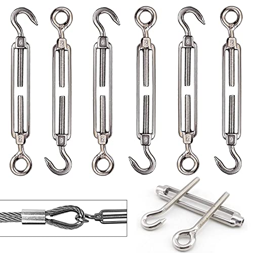 Turnbuckles Hook, 304 Stainless Steel Hook & Eye Turnbuckle, M6 Size,Hook & Eye turnbuckles Used to fix Steel Wire Ropes and Chains,6 PCS