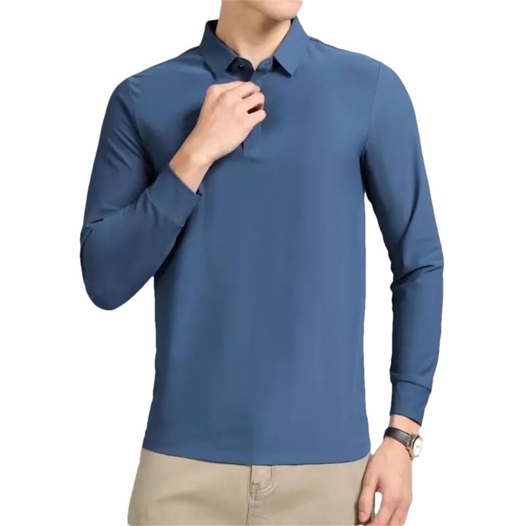Suéter de manga larga para hombre, con solapa inteligente, de seda de hielo, con botones, elástico, de manga larga