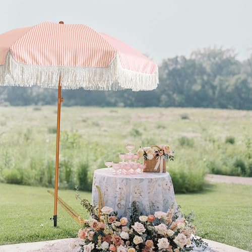 Image of AMMSUN 7ft Patio Umbrella with Fringe Outdoor Tassel Umbrella UPF50+ Premium Steel Pole and Ribs Push Button Tilt, Pink Stripe