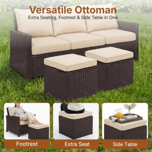 Image of DEVOKO Outdoor 7-Seater Patio Dining Set Sofa with Glass Top Table & Water-Resistant Cushions, Strong Metal Frame for Garden, Porch, Terrace(Dark Brown & Cream)