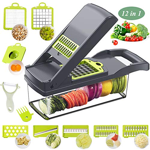 Vegetable Chopper Mandoline Slicer Cutter Chopper and Grater 12 in 1 Interchangeable Blades with Colander Basket and Container
