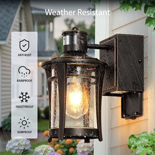 Image of Gleamz Front Porch Light with Outlet, ORB Gold Trim Modern Motion Sensor Outdoor Lights with GFCI, Waterproof Exterior Wall Light Fixtures, Anti Rust Garage Lights Wall Lantern, Adjustable Detection