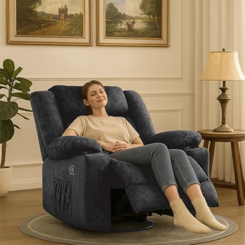 COMHOMA-Recliner-Chair360Swivel-Rocker-Recliners-with-Cup-HoldersSide-PocketsManual-Reclining-Single-SofaFabric-Upholstered-Lounge-Chairs-for-Living-RoomGray