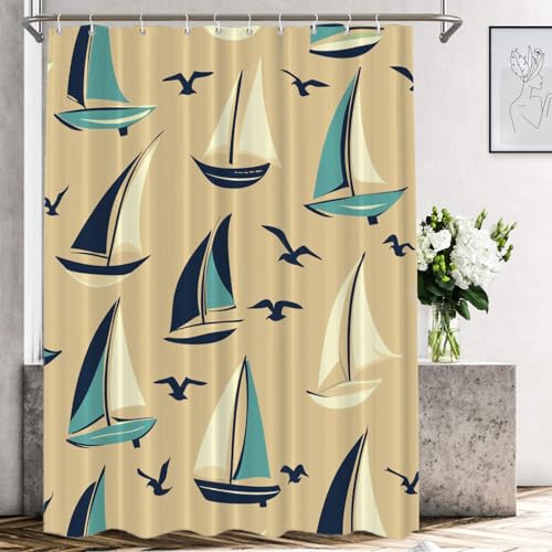 Shrahala Ocean Maritime - Cortina de ducha decorativa, diseño náutico, fibra de poliéster, impermeable, con anillos de plástico, para ducha, bañeras, 183 x 152 cm