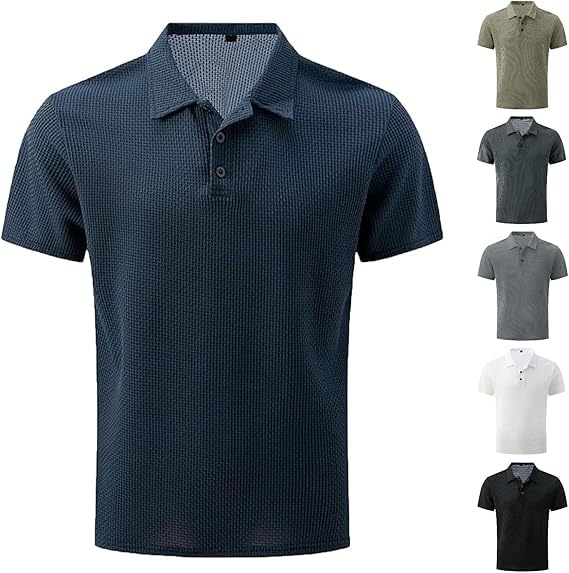Breeze Polo Shirts for Men Short Sleeve Beer Belly Collared Textured Shirt Stretchy Quick Dry Golf Casual Cool Tops Breathable Big and Tall Cotton Pocket Dri Fit Slim Fitted Tactical Blue L