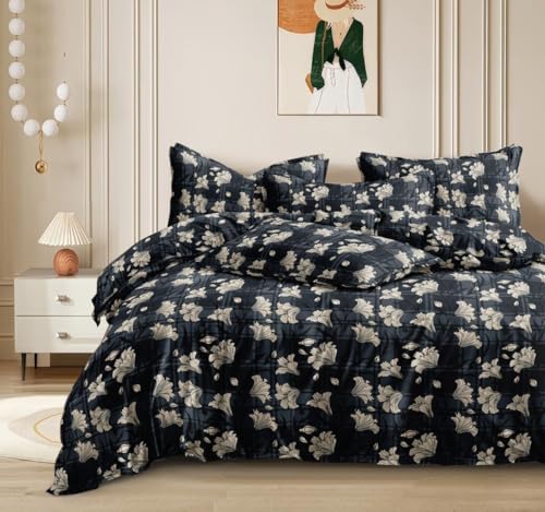 Image of 180 TC Cotton Feel All Around Elastic Fitted Bedsheets King Size, Premium Fitted Bedsheets King Size for Double Bed with 2 Pillow Covers, Size- 78 inch x 72 inch (Flower on Black)