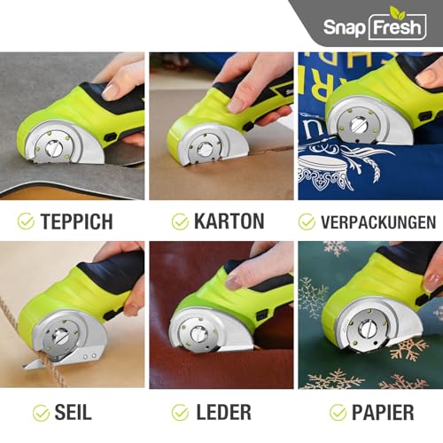 SnapFresh Kartonschneider Elektrischer Schere 4V Kabellose Rollschneider Akku-Universalschneider Rotationsschneider - 2 Elbstschärfender Klinges - für Papier, Pappe, Teppich, Leder, Filz, Kunststoff