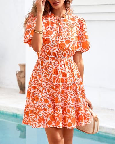 Image of BTFBM Women Summer Floral Short Dresses V Neck Short Sleeve Tiered Ruffle Boho Swing Dress A-Line Mini Dresses